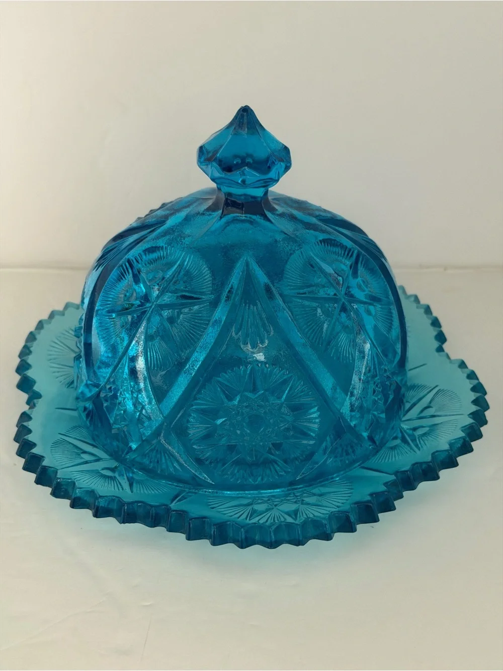 Bright Blue Pressed Glass Covered Cheese Dish